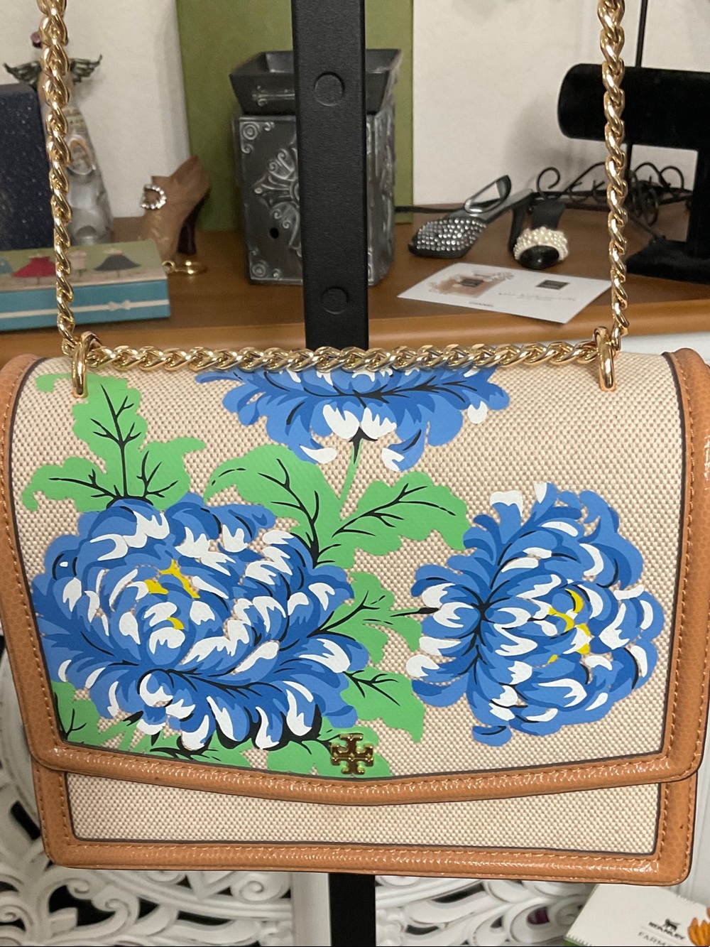 Tory Burch Like New Blue Floral Canvas Crossbody with Tan Trim and Gold Chain - Picture 4 of 6